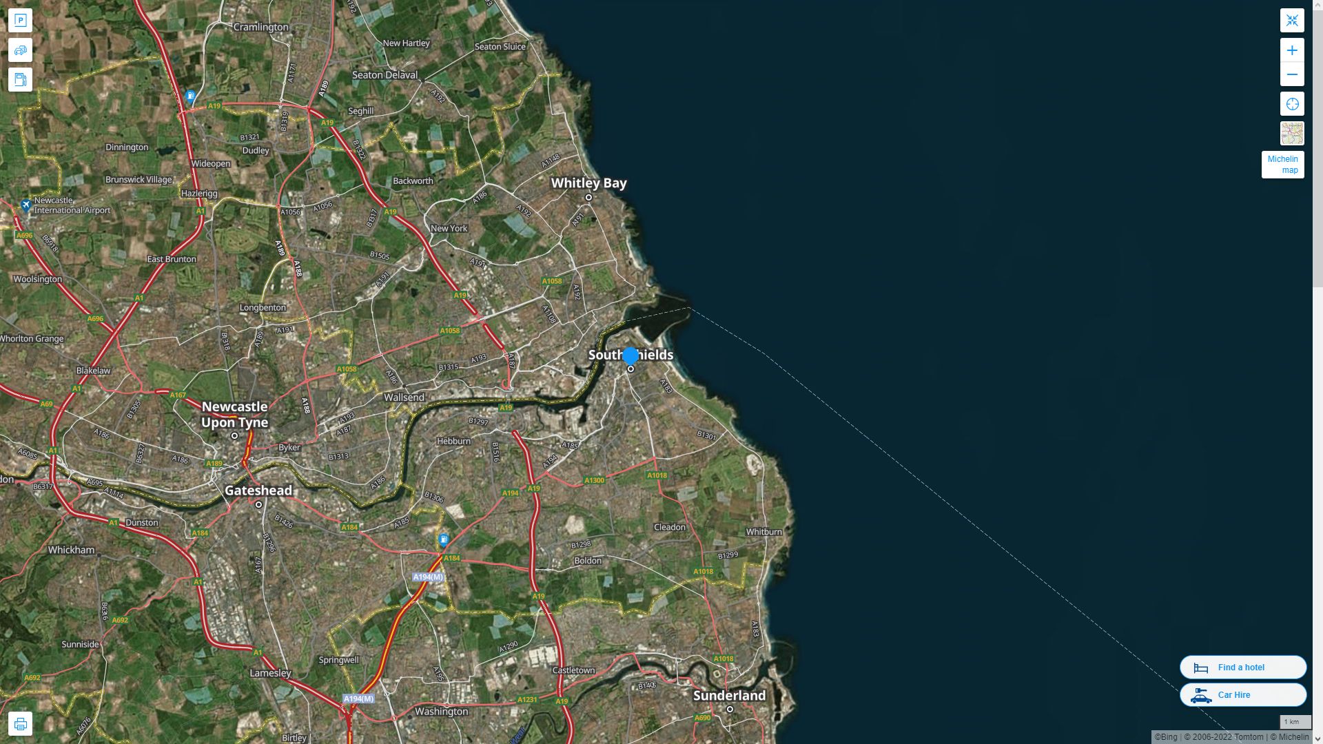 South Shields Royaume Uni Autoroute et carte routiere avec vue satellite